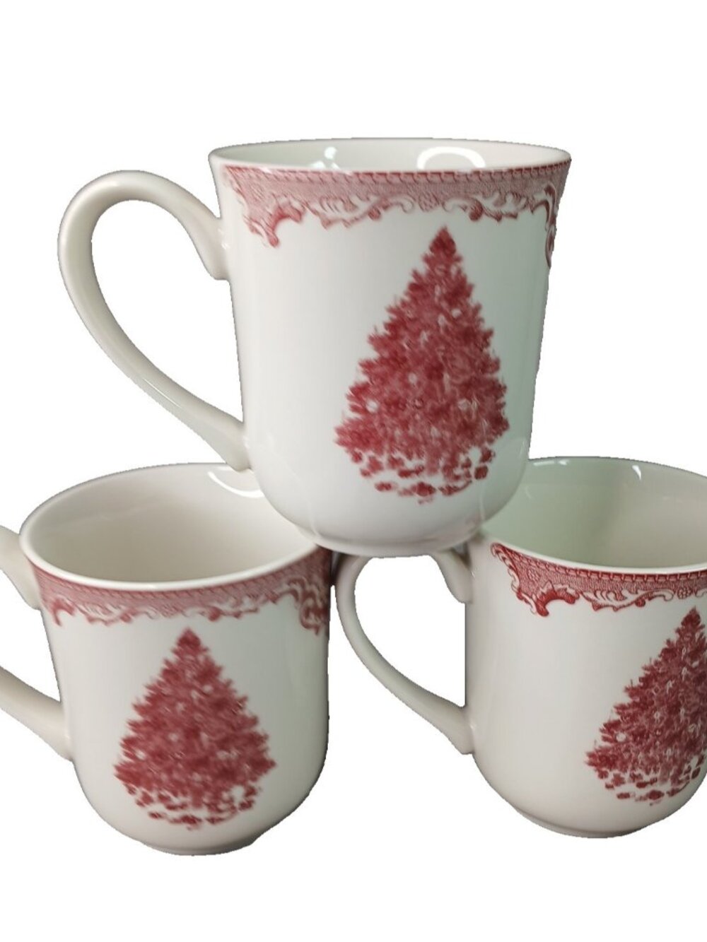 3 pc Johnson Bros Old Britain Castles Pink Christmas Tree Coffee Cups Mugs EUC